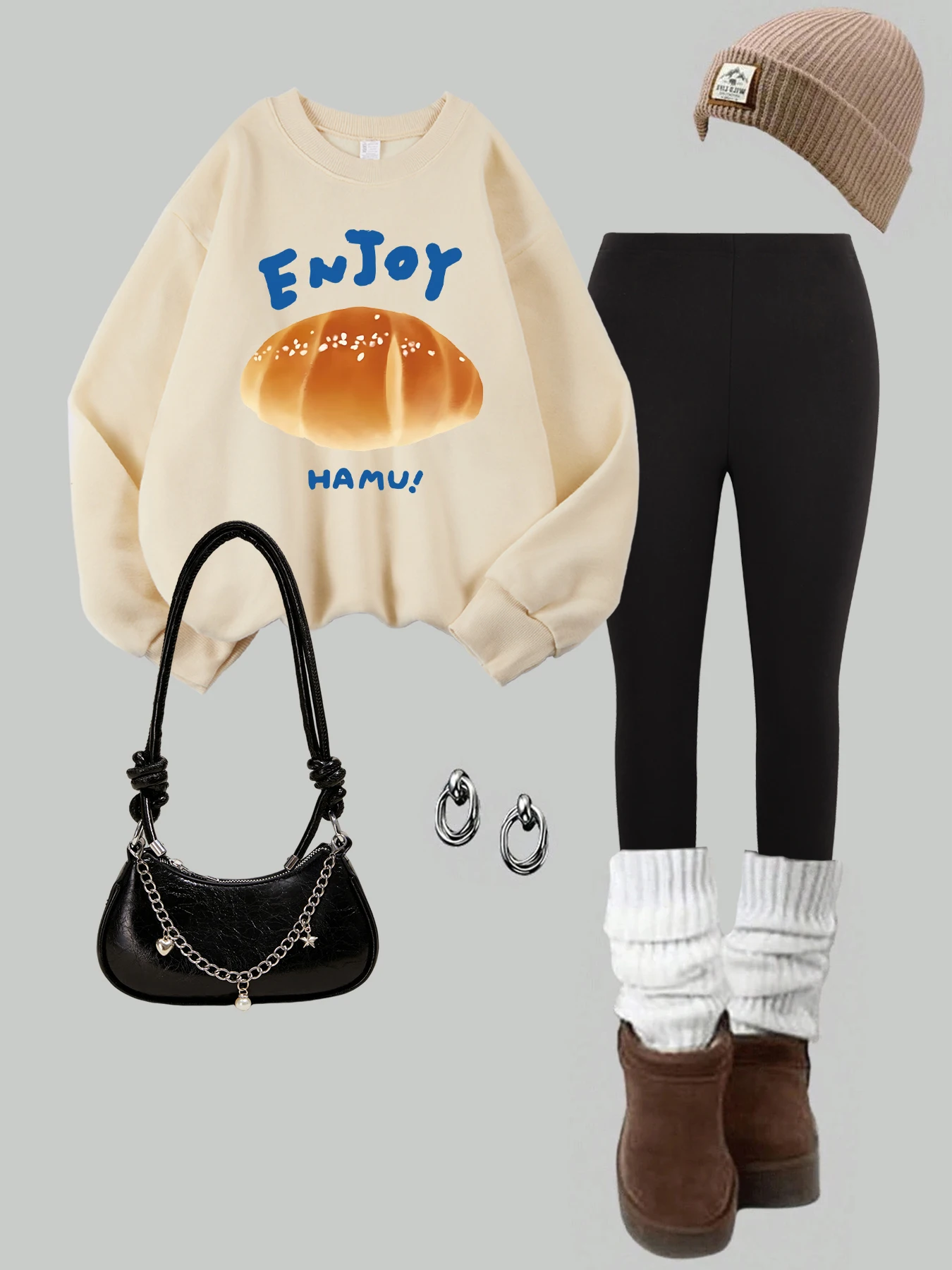 

Womans Autumn Winter Sweatshirt & Leggings Two Pieces Set Enjoy Bread Hamu Printed Clothes Fashion Fleece Slim Yoga Pants