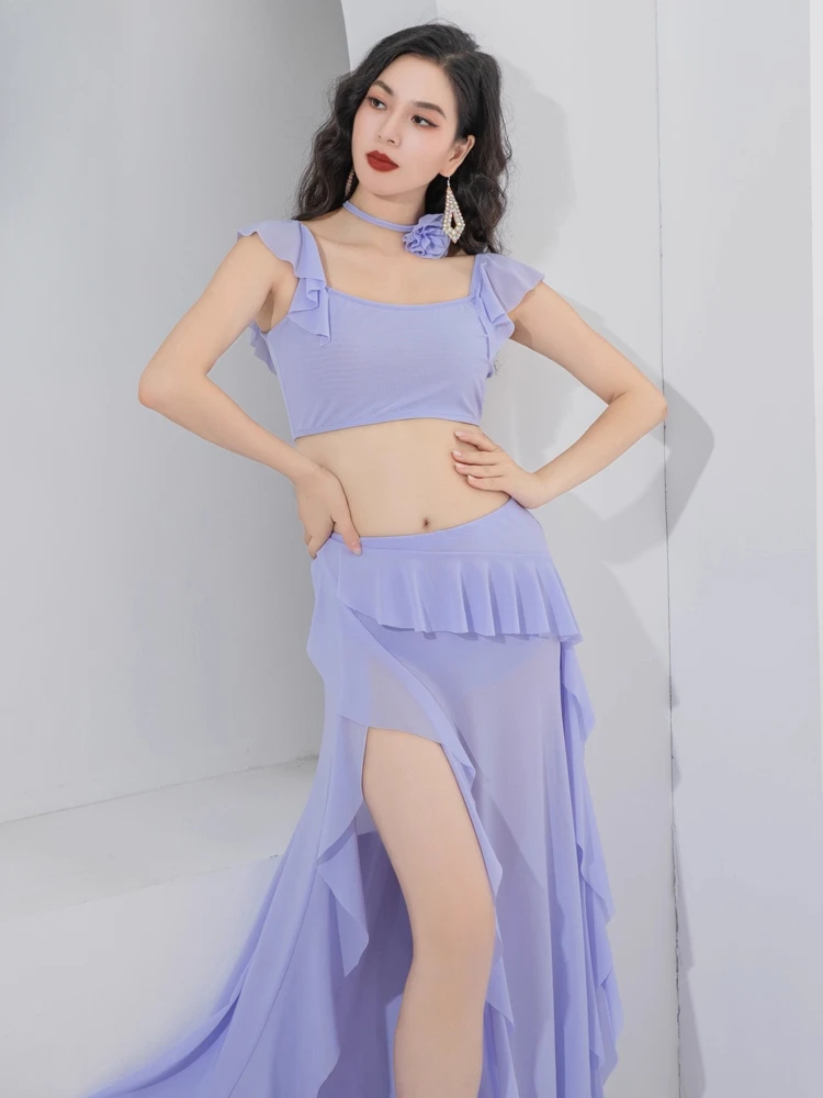 Traje de danza del vientre estilo de hadas cinta de hoja de loto ropa de danza Oriental traje de práctica de malla de verano para clase