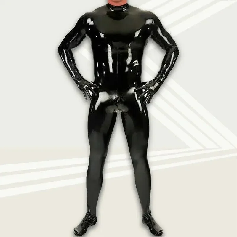 100% Latex reiner Gummi klassischer schwarzer Catsuit Zentai Jumps uit Fitness Bodysuit 0,4mm S-XXL