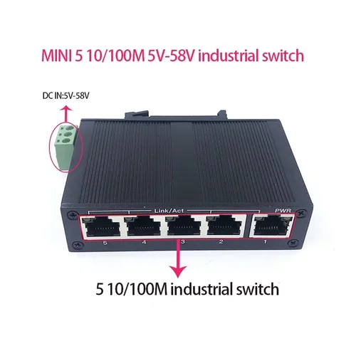 Imagen 2 del producto MINI interruptor ethernet industrial no administrado 5/10 puertos 10/100M 5V-58V 5/10 puertos 100M protección contra rayos 4KV, antiestático 4KV