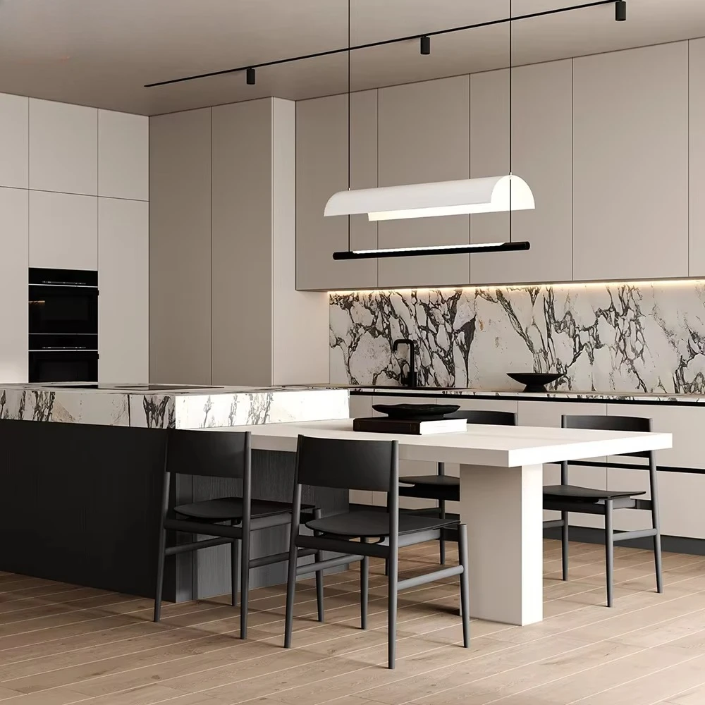 Modular Minimalistic Style Readymade Integrated Designs Smart Marble Countertop Kitchen Cabinets with Storage Island Table