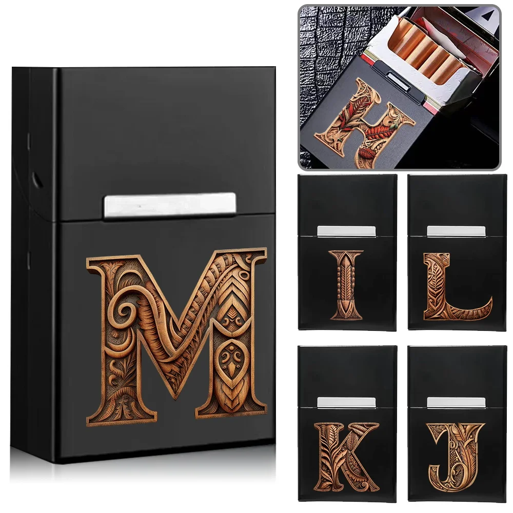 

Creative Metal Cigarette Case Wallet Tobacco Vintage Storage Box Cigarette Organizer Purse Container Wood Art Letter Pattern