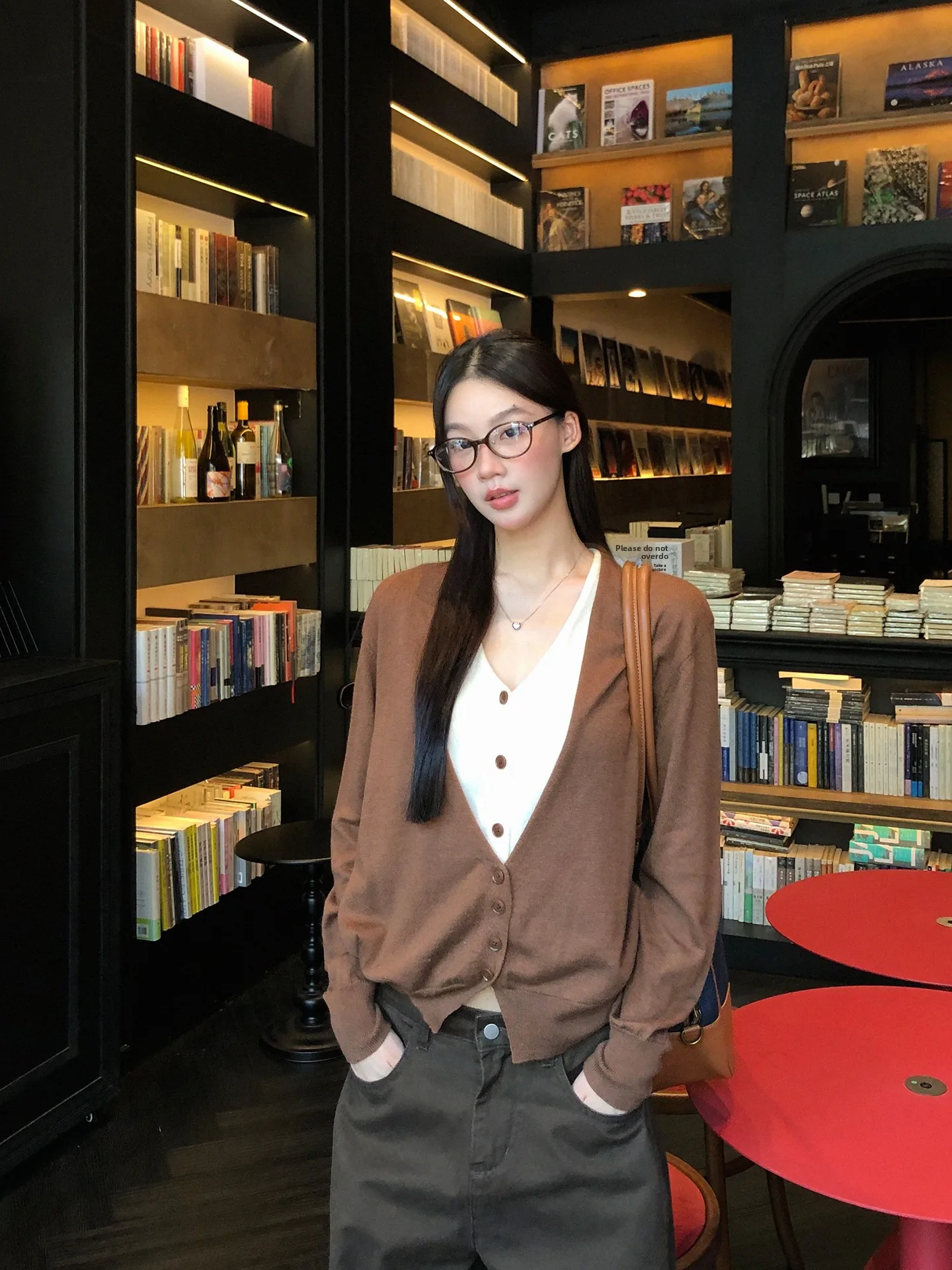 

Ele Knitted Open Cardigan Women's Sle Coffee Color Sweater Jaet Fake Two-Piece Straight Cut Commute Sle Polyester B...