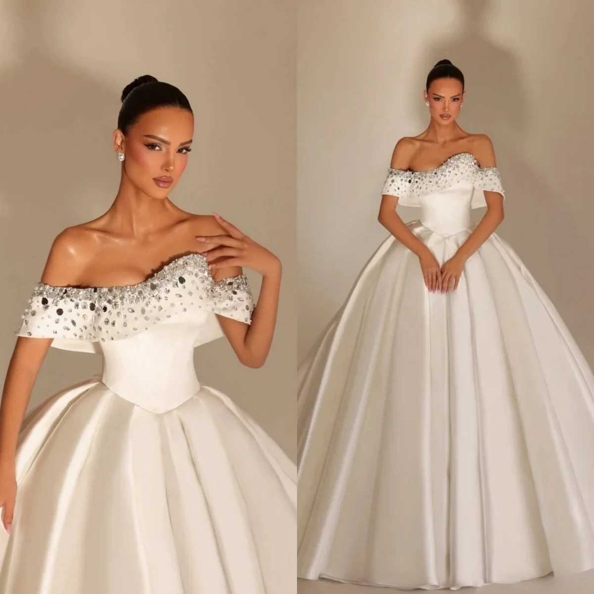 

Стильные свадебные платья с открытыми плечами, украшенные жемчугом и кристаллами, бальные платья для невесты, без спинки, в стиле принцессы, на заказ, Vestidos De Novia
