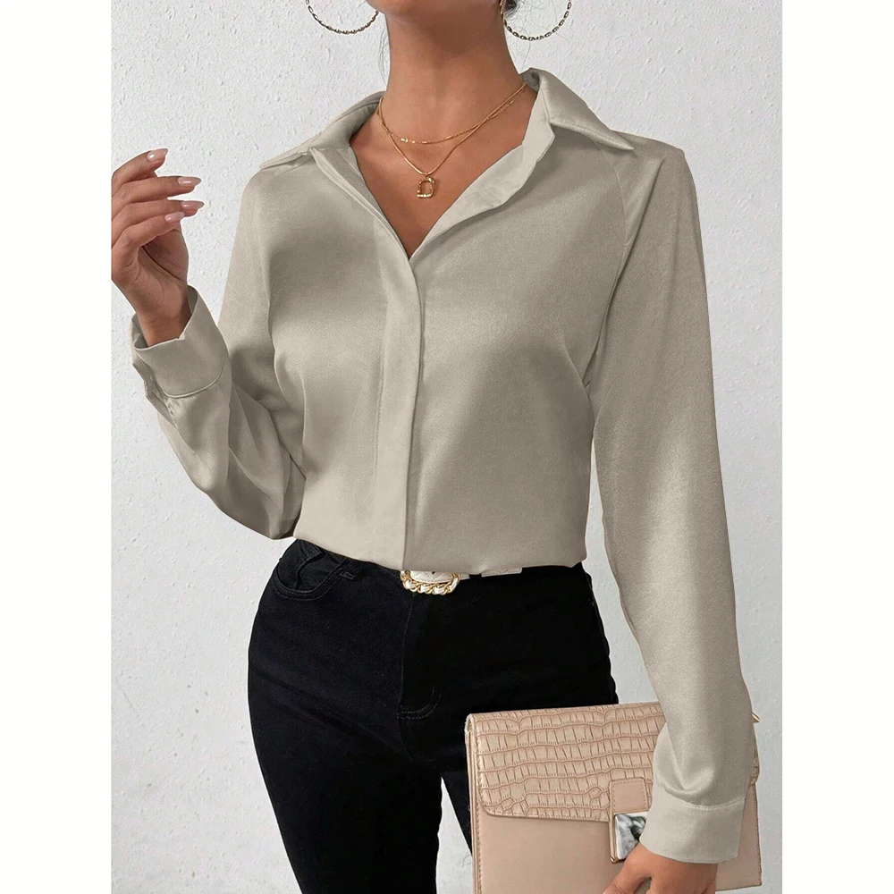 Mia Muse Camisas de mujer otoño elegante decente liso manga larga camisa cuello ropa de trabajo camisas