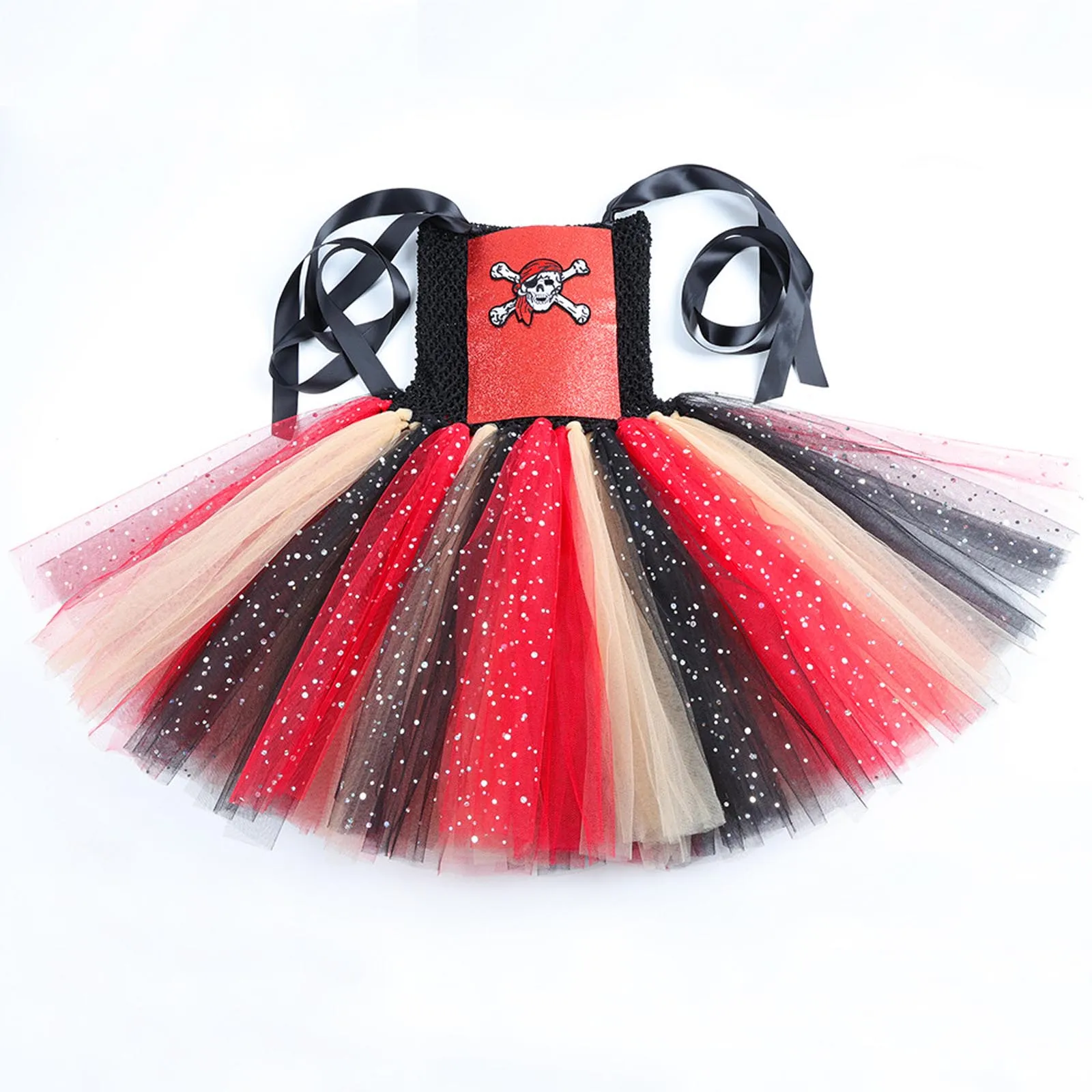 Toddler Kids Girls Pirate Dress Halloween Captain Pirate Princess Cosplay Costume Skull Print Sequins Tutu Dress with Hat Gloves