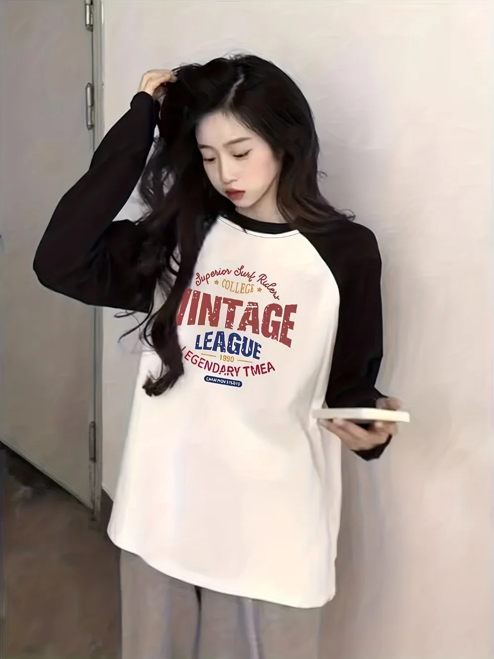 النمط الياباني والكوري المتناقضة اللون بأكمام طويلة تي شيرت الرجعية نمط الدوري ثلاثية الأبعاد الطباعة جولة الرقبة عارضة أعلى #3