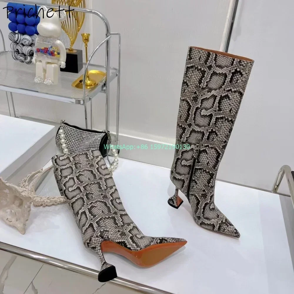 Snake Pattern Wine Glasses Heels Boots Pointy Toe Side Zipper Knee High Boots Women's Runway Sexy Fashion Cool Girl Shoes 2024