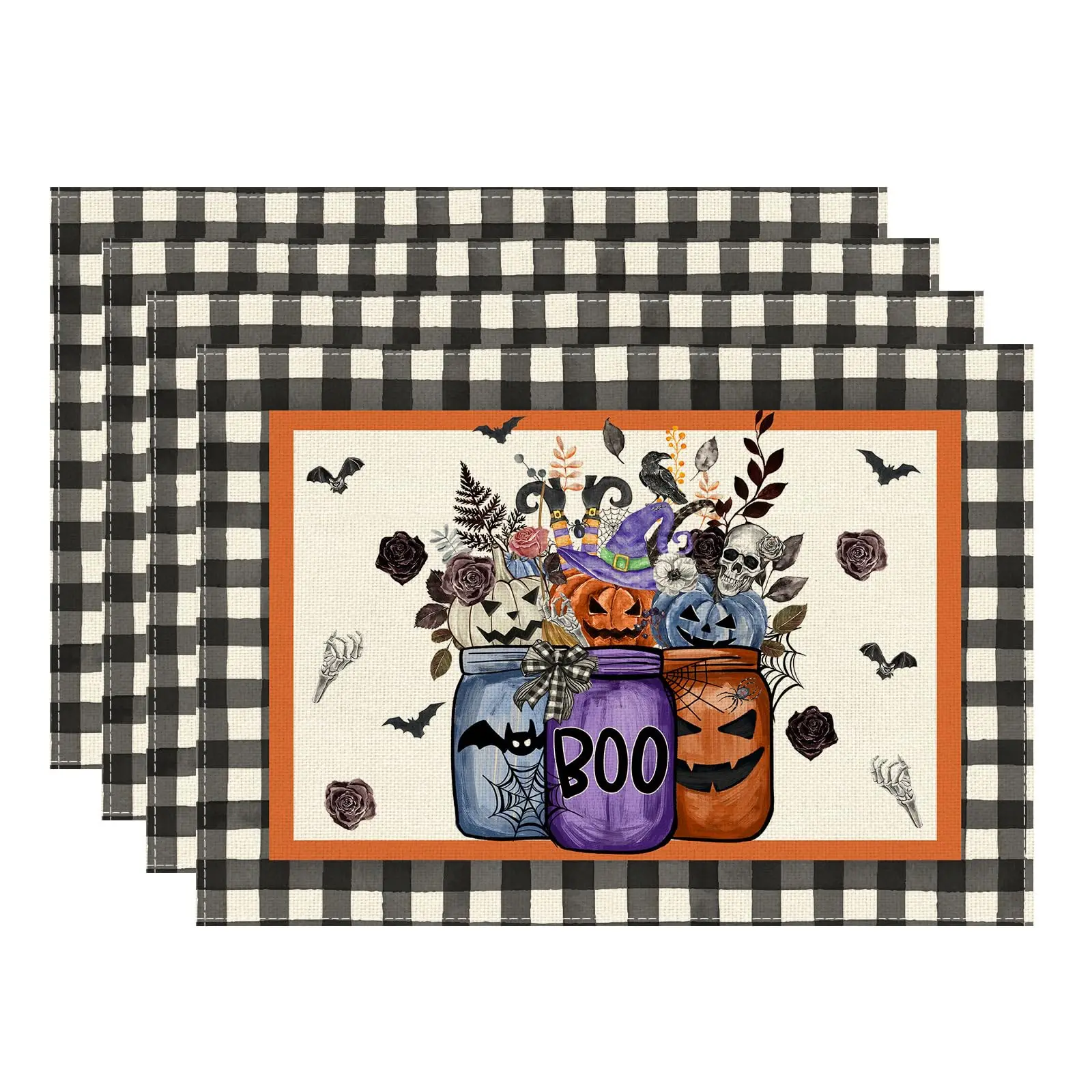 

Buffalo Plaid Spooky Flowers Pumpkin Halloween Placemats Table Mats for Party Home Kitchen Dining Table Decorations 12x18 Inch