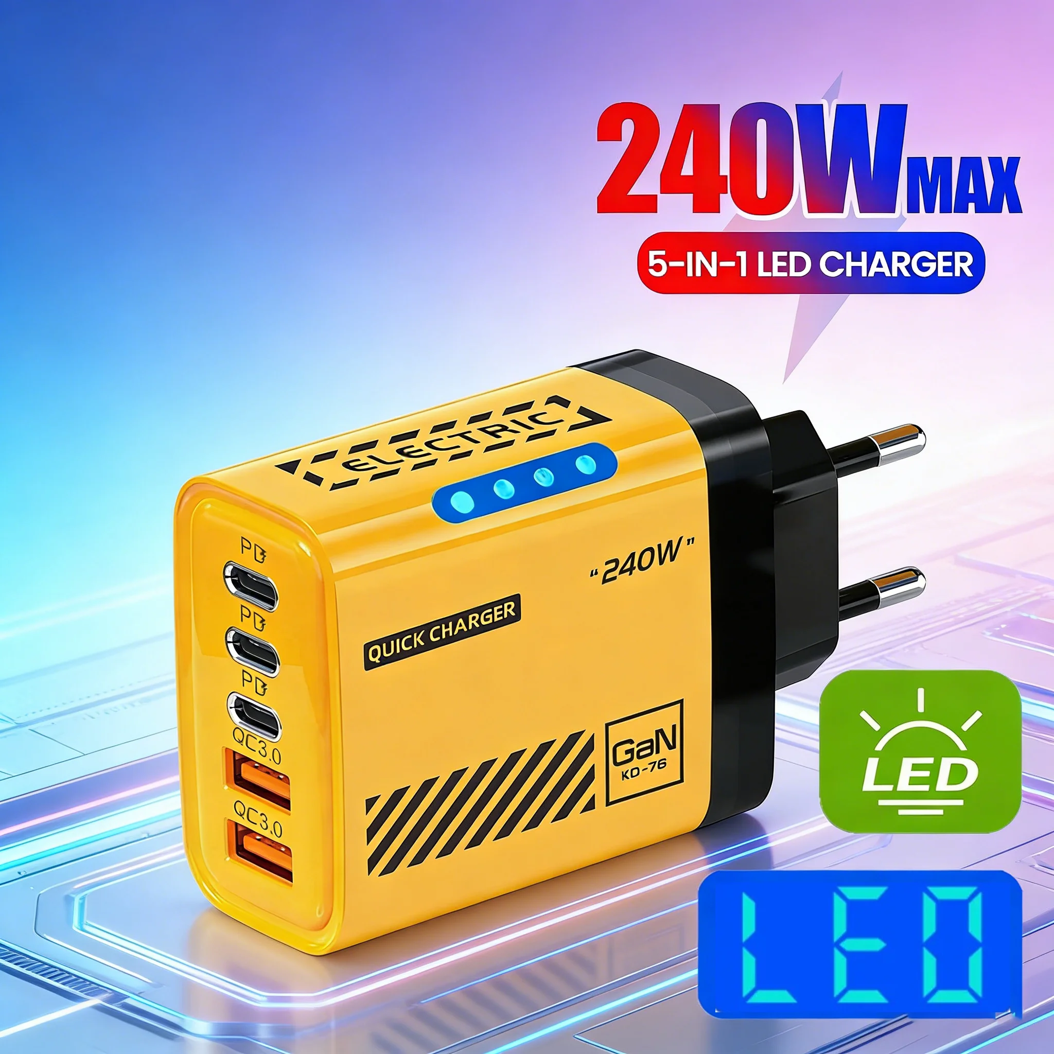 5-Port GaN Fast Charger 240W USB C PD Quick Charge3.0 Wall Charger Adapter for iPhone Samsung Xiaomi Tablet Type C Phone Charger