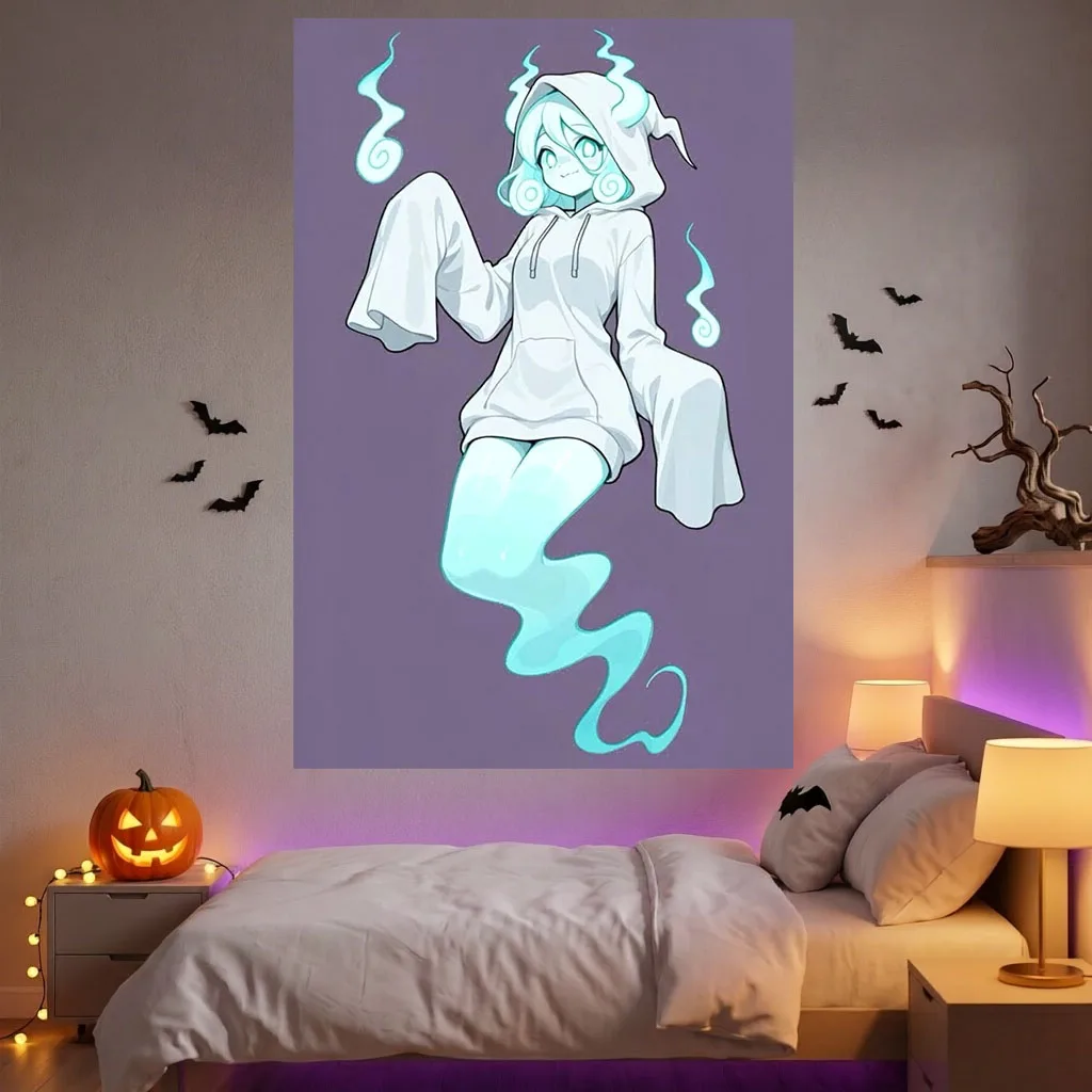 Spooky Kawaii Anime Tapestry Ghost Spirit Girl Cyan Glowing Cartoon Wall Hanging Art for Dorm Bedroom Halloween Aesthetic Room
