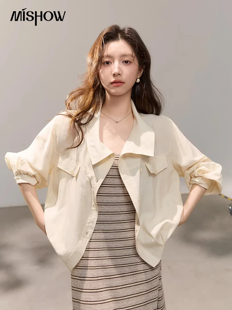 

Женская рубашка MISHOW с отложным воротником на пуговицах, весна 2026, с нагрудным карманом, длинный рукав, повседневная свободная бежевая рубашка MXF14W1057