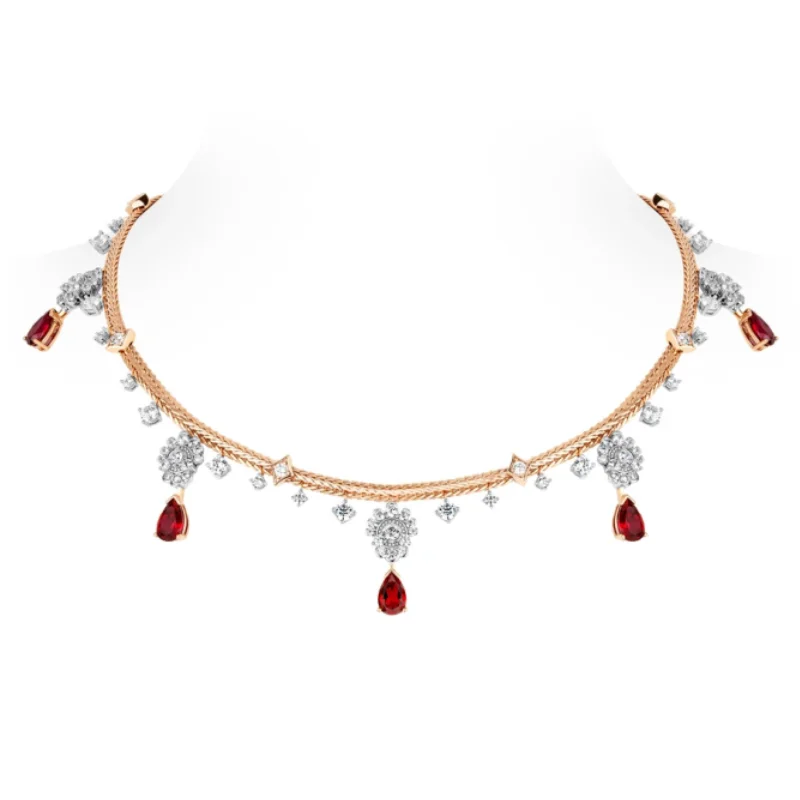 Bellux Luxury Champagne Gold Necklace for Women Waterdrop Red Ruby Cubic Zirconia Tassel Banquet Wedding Party Fine Jewelry