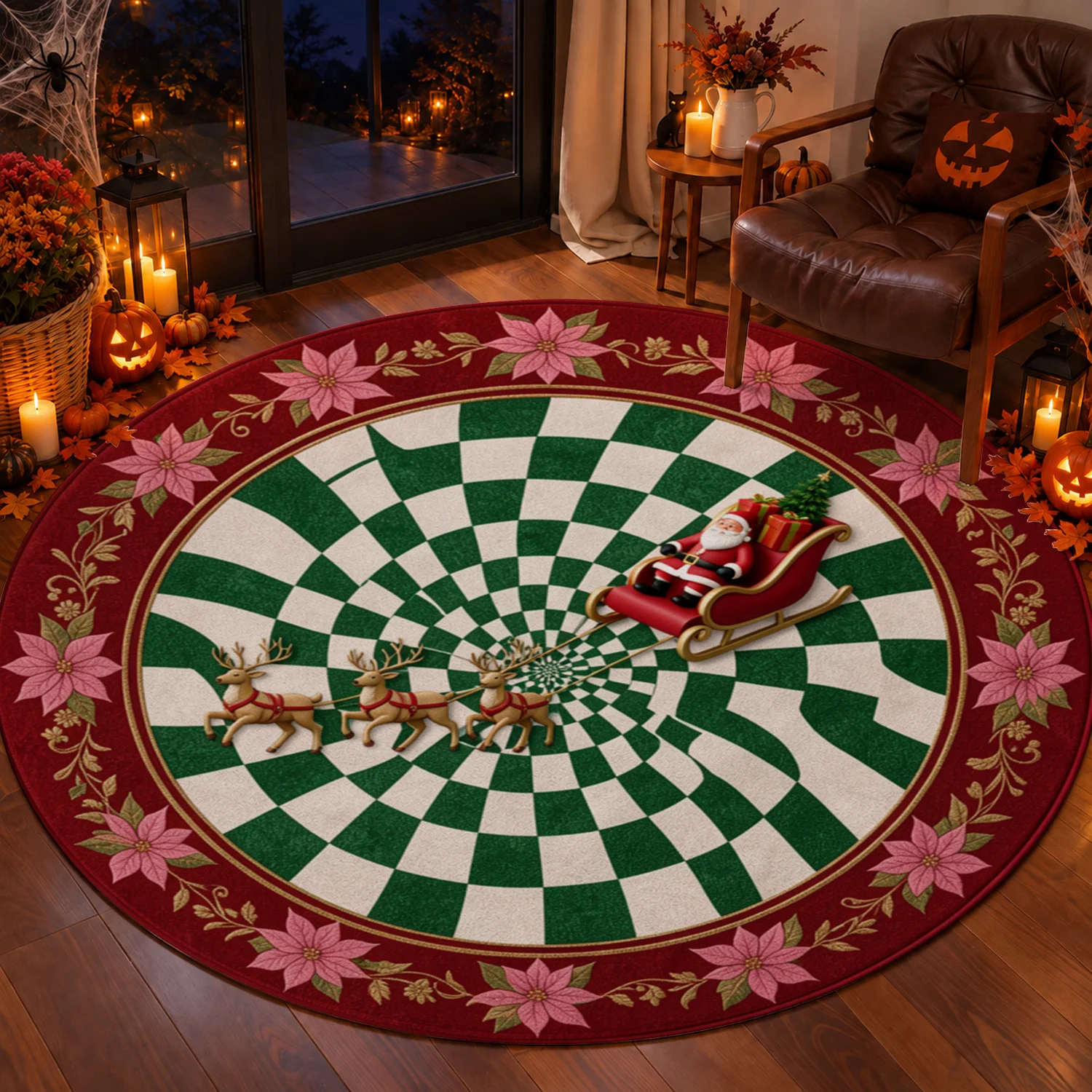 Santa Reindeer Poinsettia Spiral Checkered Round Rug Velvet Machine Washable Suitable for Living Room Bedroom Dining Area Entryway Ideal for Halloween Thanksgiving Black Friday Cyber Monday Christmas New Year