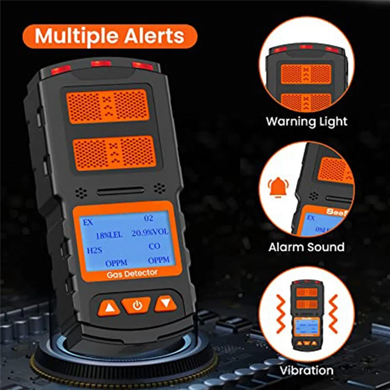 4 In 1 Air Monitor, Rechargeable Detector Air Quality Tester, High Accuracy Sound Light Vibration Alarm LCD Display