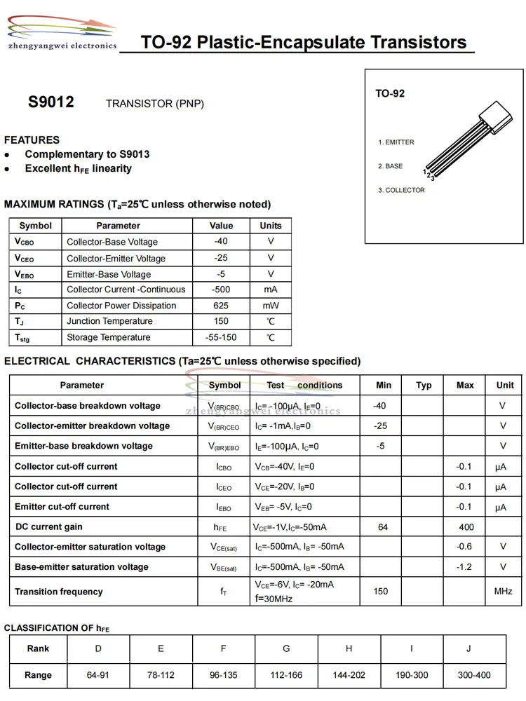 100 pz/lotto S9011 S9012 S9013 S9014 S9015 S9018 TO-92 triodo (BJT)