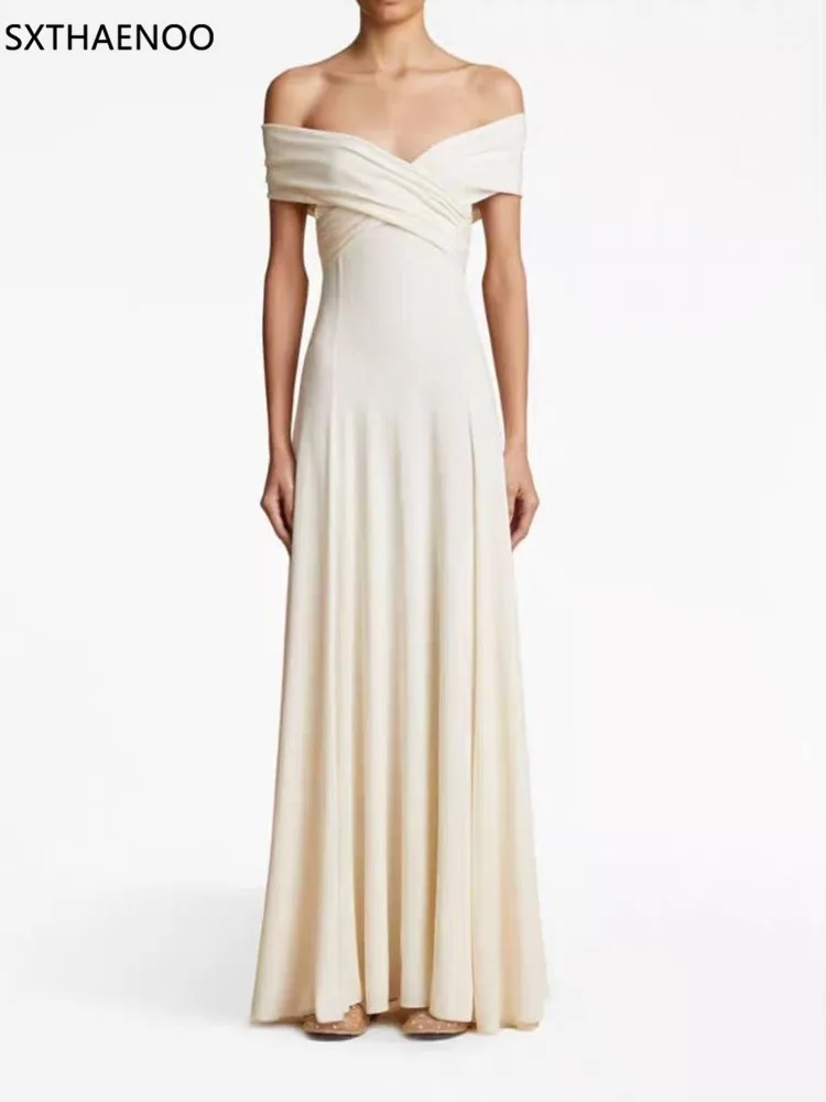 

SXTHAENOO Solid Minimalist A Line Dresses For Women Slash Neck High Waist Patchwork Folds Slimming Dress Female Fashion 2025