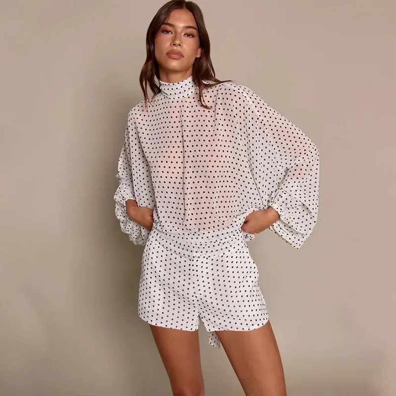 2026 Autumn Women Fashion Polka Dots Print 2 Piece Set Turtleneck Lace Up Full Sleeve Loose Blouses Top + Shorts Streetwear Suit
