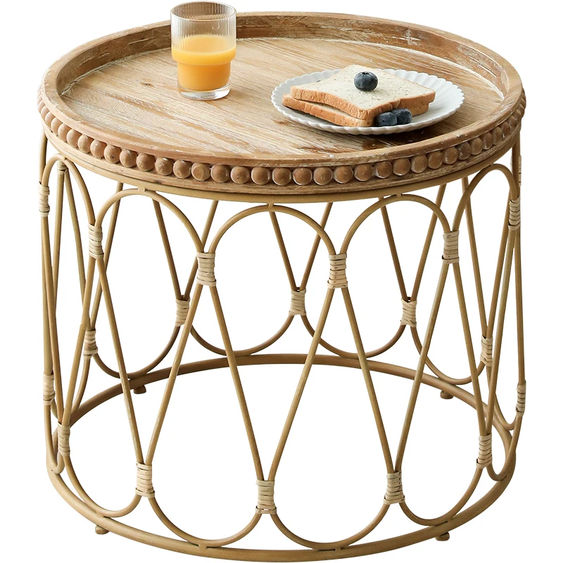 

Wear-resistant Rattan Round Tea Table Weaving Design Durable Nordic Modern Log wood Furniture Rattan Small Tea Table