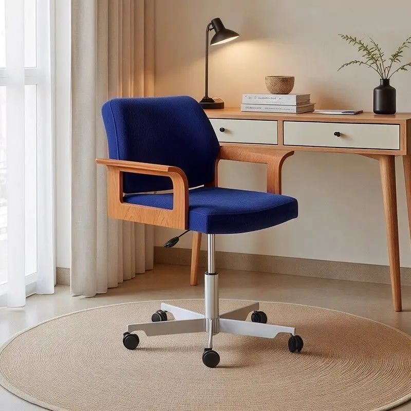 Blue Fabric Ergonomic Office Chair With Wooden Armrests, Height Adjustable 360° Swivel Rolling Chair For Home Office Study