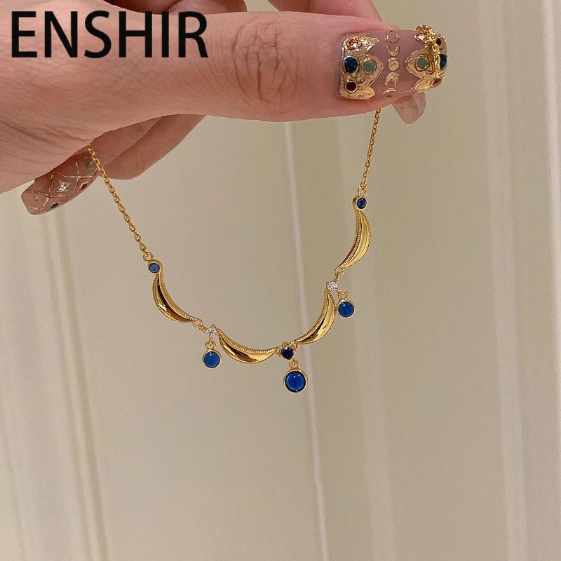 ENSHIR Moon Blue Zircon Water droplets Lace Necklace for Women Girls Vintage Delicate French Princess Jewelry Gifts Wholesale