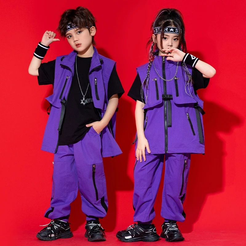 

Purple Hip Hop Clothing Girls Jazz Dance Costume Boys Street Dance Suits Kids Kpop Outfit Stage Performance Clothes DW10788
