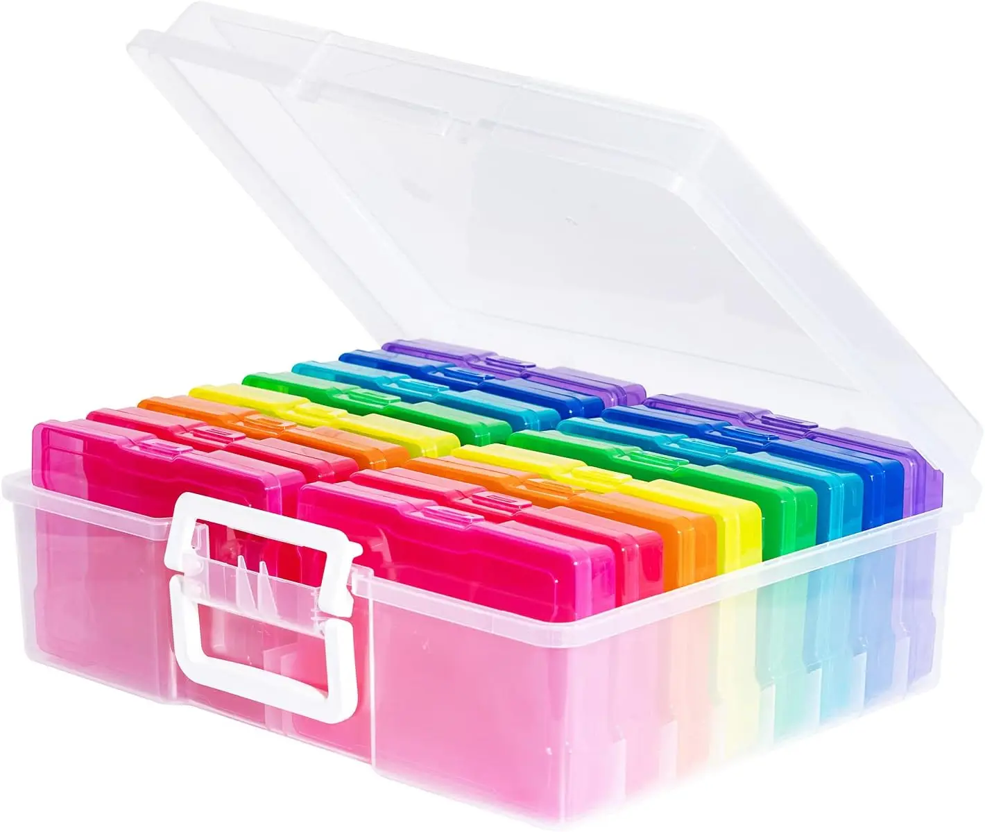 

Transparent 4x6 Photo Cases with Handle, 16 Inner Organizers, Multi-colored Storage Box for Photos and Crafts