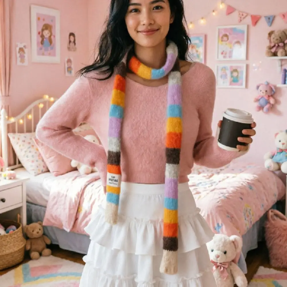 Harajuku Style Y2K Striped Scarf Rainbow Color Collocation Clothing Accessories Long Narrow Scarves Scarf Accessories Sweet Cool