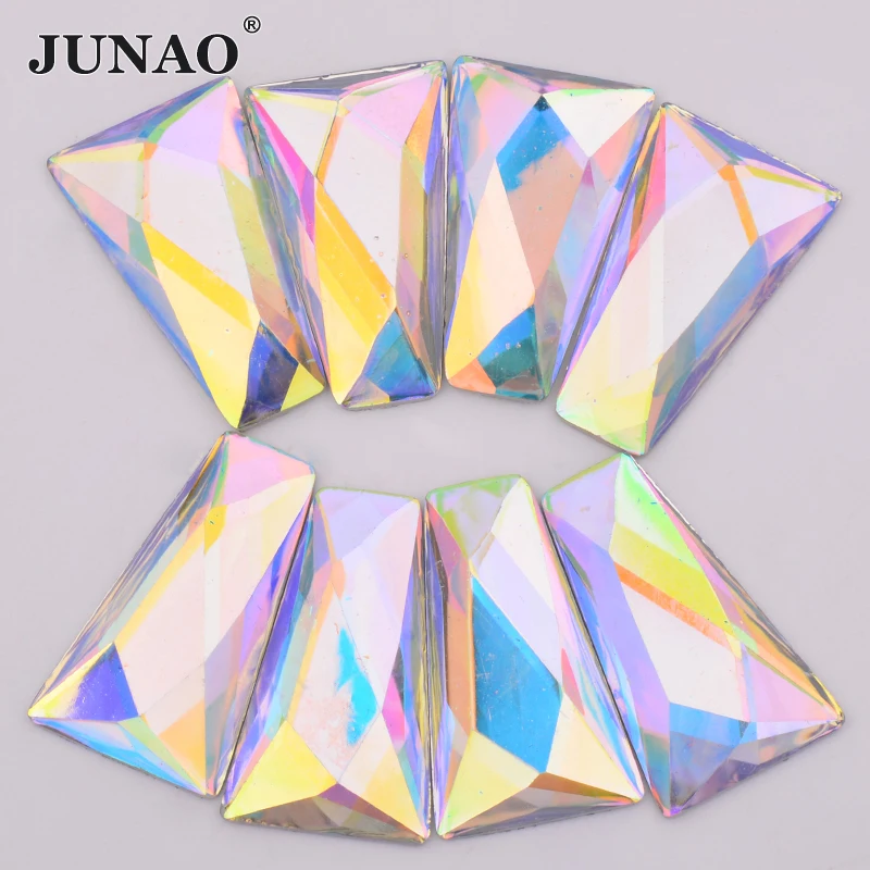 JUNAO 10Pcs 13*27*44mm Green AB Large Size Trapezoid Rhinestone Applique Flatback Resin Strass Glue On Crystal Stones For DIY