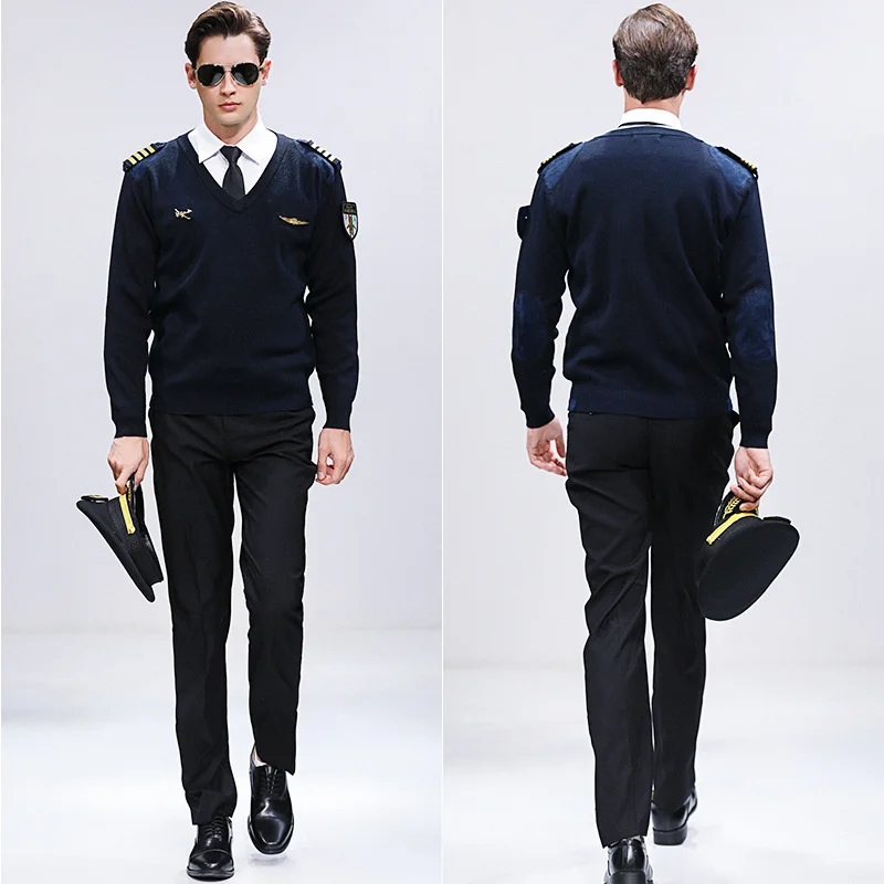 Winterpiloottrui Imitatiewol Kapitein V-hals Wol Luchtvaartuniform Vluchtpak Diepblauw