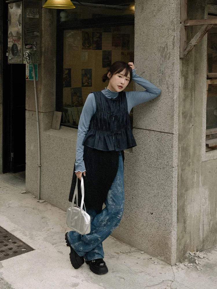 

Жилет Queenop из денима с оборками, новый, осенне-зимний, женский, повседневный, из смесового хлопка, с круглым вырезом, средней длины