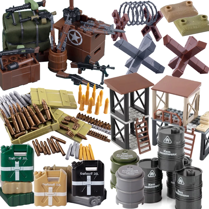 WW2 Military Oil Drum Fuel Tank War Scene Soldiers SWAT Figures Accessories Sandbag Bricks Toys Compatible Children Gift