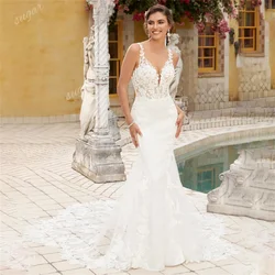 Vestido de novia Vintage de sirena con tirantes finos, traje bohemio con escote en V, apliques de encaje, espalda descubierta