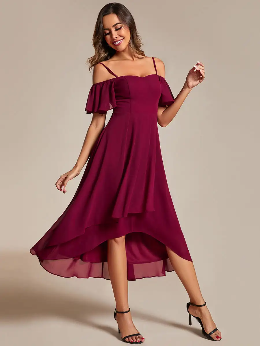 Elegant Evening Dresses Spaghetti Strap Cold Shoulder 2024 Ever pretty of Chiffon A-Line Burgundy Midi Wedding Guest Dress