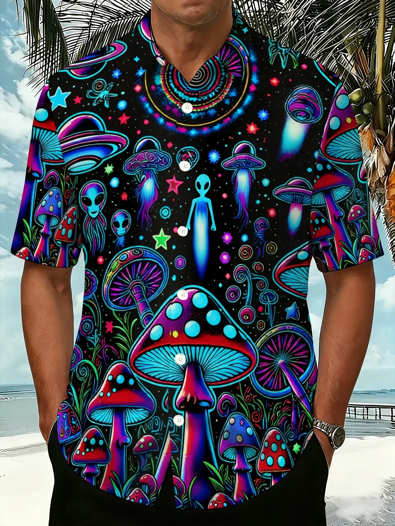 Men Trippy Smiley Mushroom Rainbow Hawaiian Shirt Short Sleeve Button Down Casual Beach Vacation Top