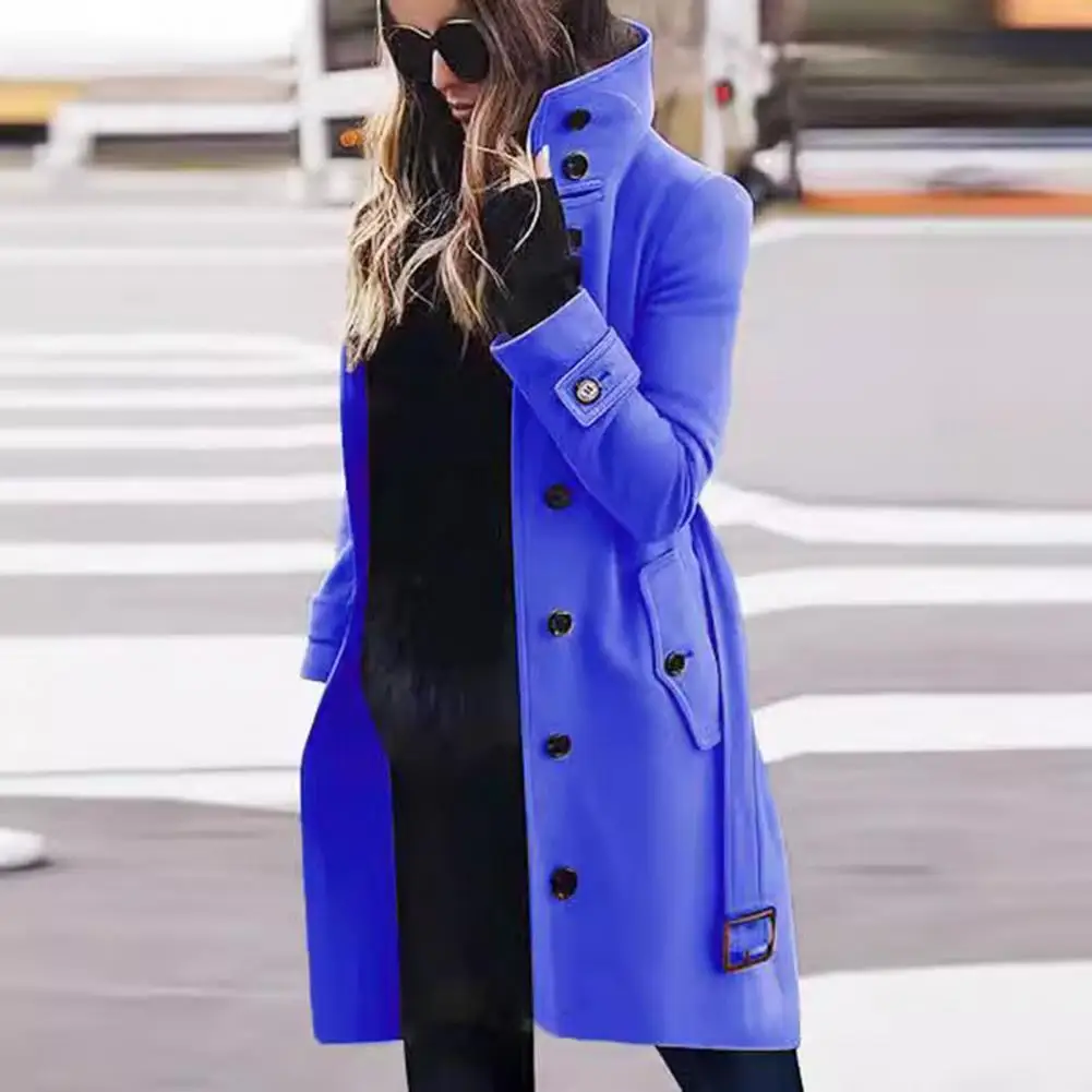 Wełniany płaszcz damski Wełniany płaszcz w pasie Stylowy wełniany płaszcz plus size z wysokim kołnierzem Gruby długi rękaw na randki