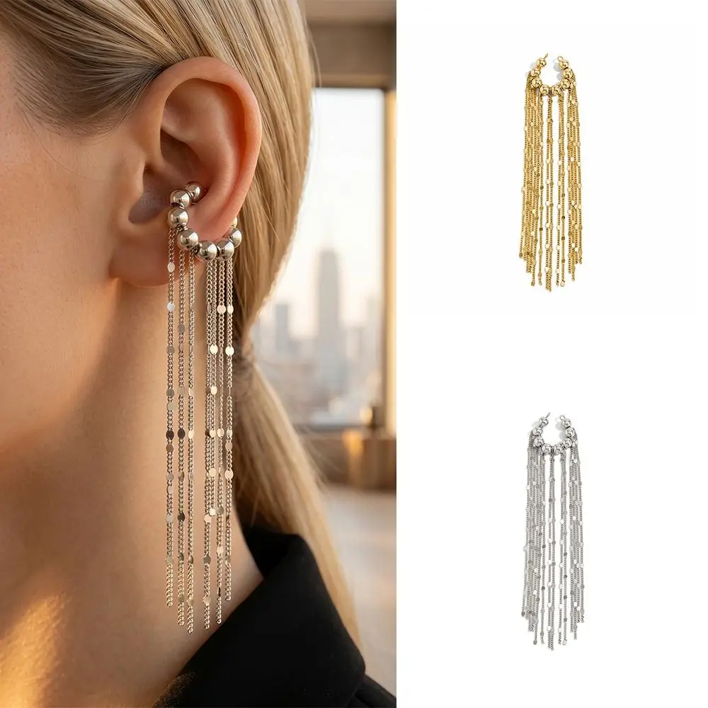 Temperament Alloy Tassel Ear Clip Beads Exquisite C-shaped Ear Clip Minimalist Long Chain No Piercing Earrings Daily Wear