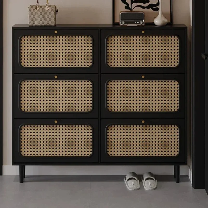 American rattan ultra-thin shoe cabinet, narrow black tipping bucket in the corridor at the entrance of the home
