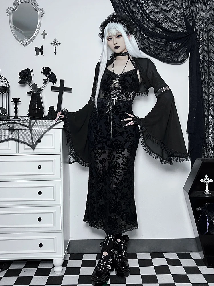 

Wannathis loween Gothic Sle Lace Cover up Sexy Spicy Girl Set Subculture Bla awl Skirt Faionable Long Sve Outfit