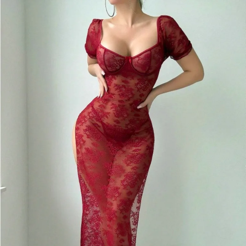 Exotic Sets Red Floral Lace Lingerie Maxi Dress Short Sleeve Underwire Bust Double High Slit Sheer Mesh Sexy Valentine Sleepwear
