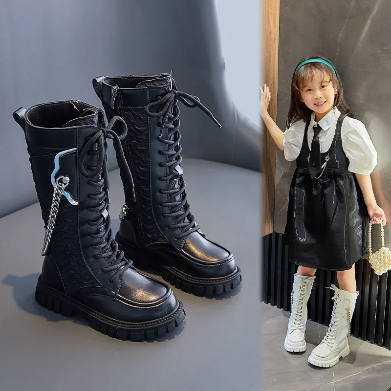 Children\'s Knight Boots 2023 New Spring & Autumn Long Boots Breathable Small Pockets with Chain Girls Catwalk Fashion Kids Boots