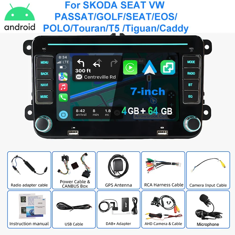Autoradio ESSGOO Android 15 7 Inch voor VW Golf 5 6 Passat Polo 6R Touran Tiguan Caddy EOS Jetta Seat Skoda met Draadloze Carplay Android Auto GPS Navigatie RDS FM Bluetooth WIFI Stuurwielbediening