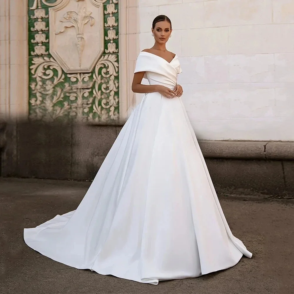 Off The Shoulder Satin A-Line Bridal Gowns For Formal Party V-Neck Floor Length Vestidos De Novia Vestidos De Novia Custom Made