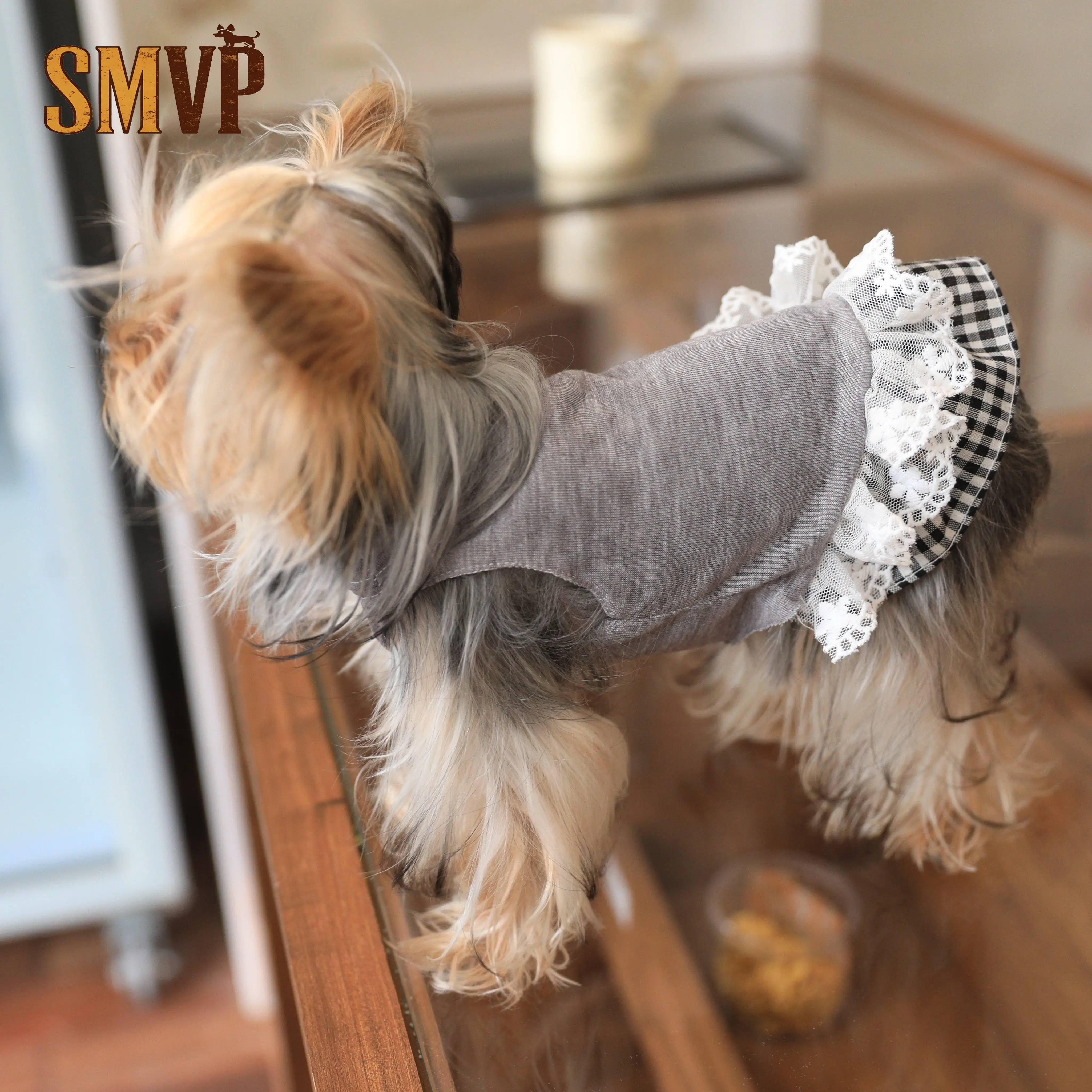 

Cotton Soft Solid Color Base Pet T-shirt Plaid Lace Hem Cute Cat Small Pet Dog Clothes Dog Dresses