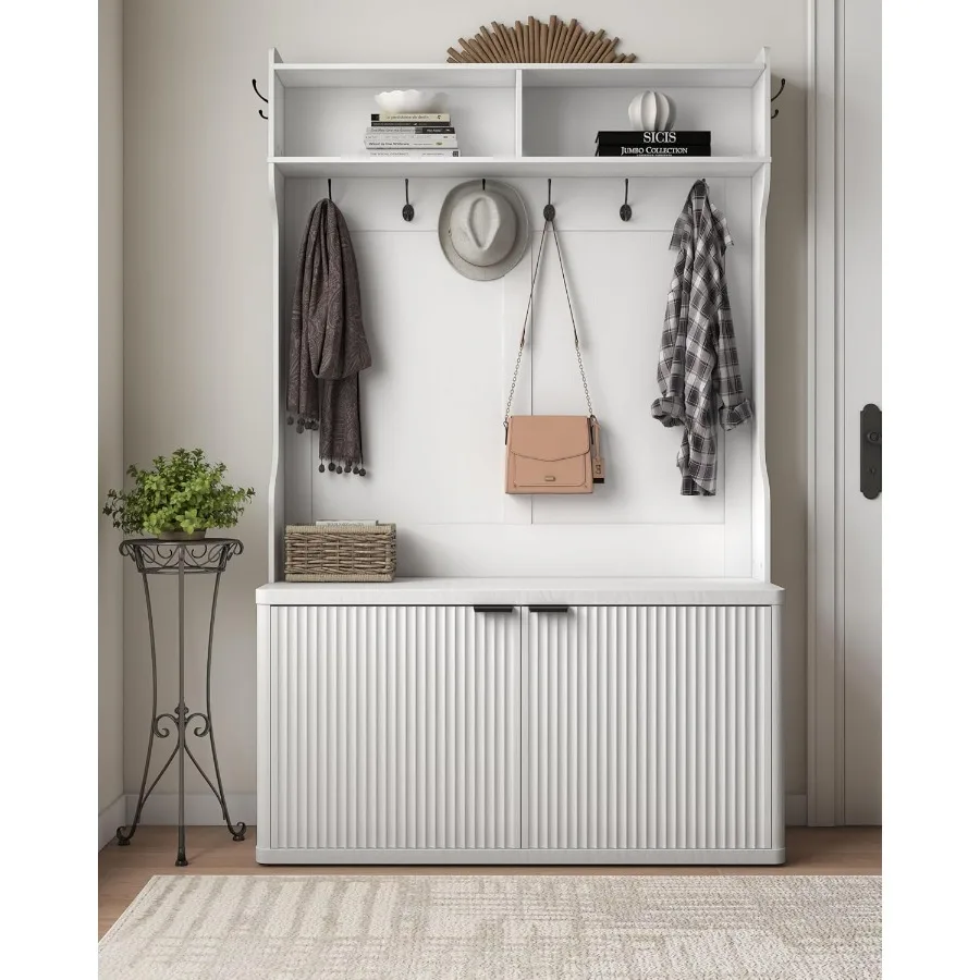 Hall Tree with Bench and Shoe Storage42.5 W Morden Fluted Entryway Coat Rack with Shoe Bench Cabinet Entryway Furniture White