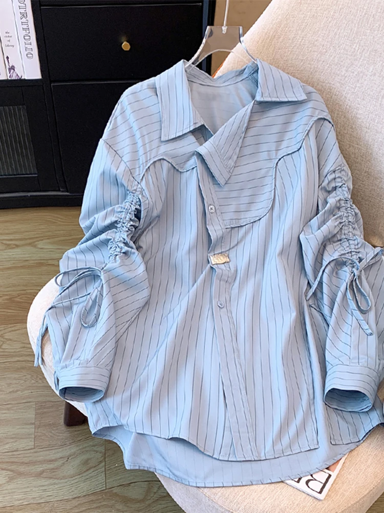 Women's Blue Striped Shirts and Blouses Vintage Y2k 90s Aesthetic 2000s Elegant Long Sleeve Shirt Japanese Fashion Clothes 2025