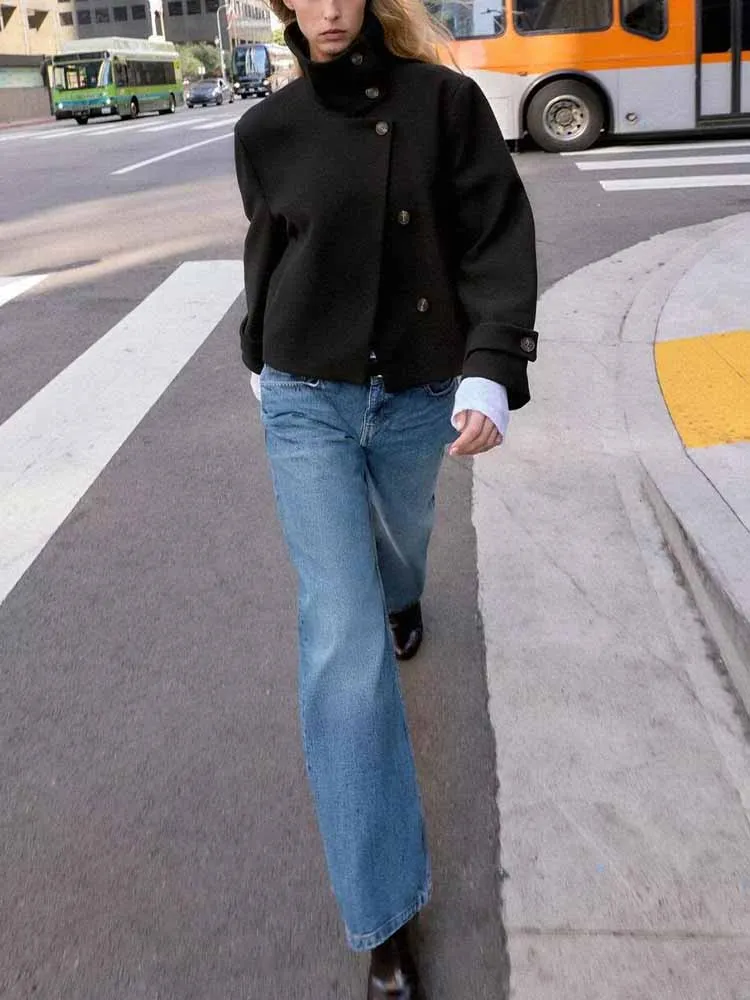 

European and American style winter new arrivals fashionable and simple women's casual pocket stand collar long-sleeved coat