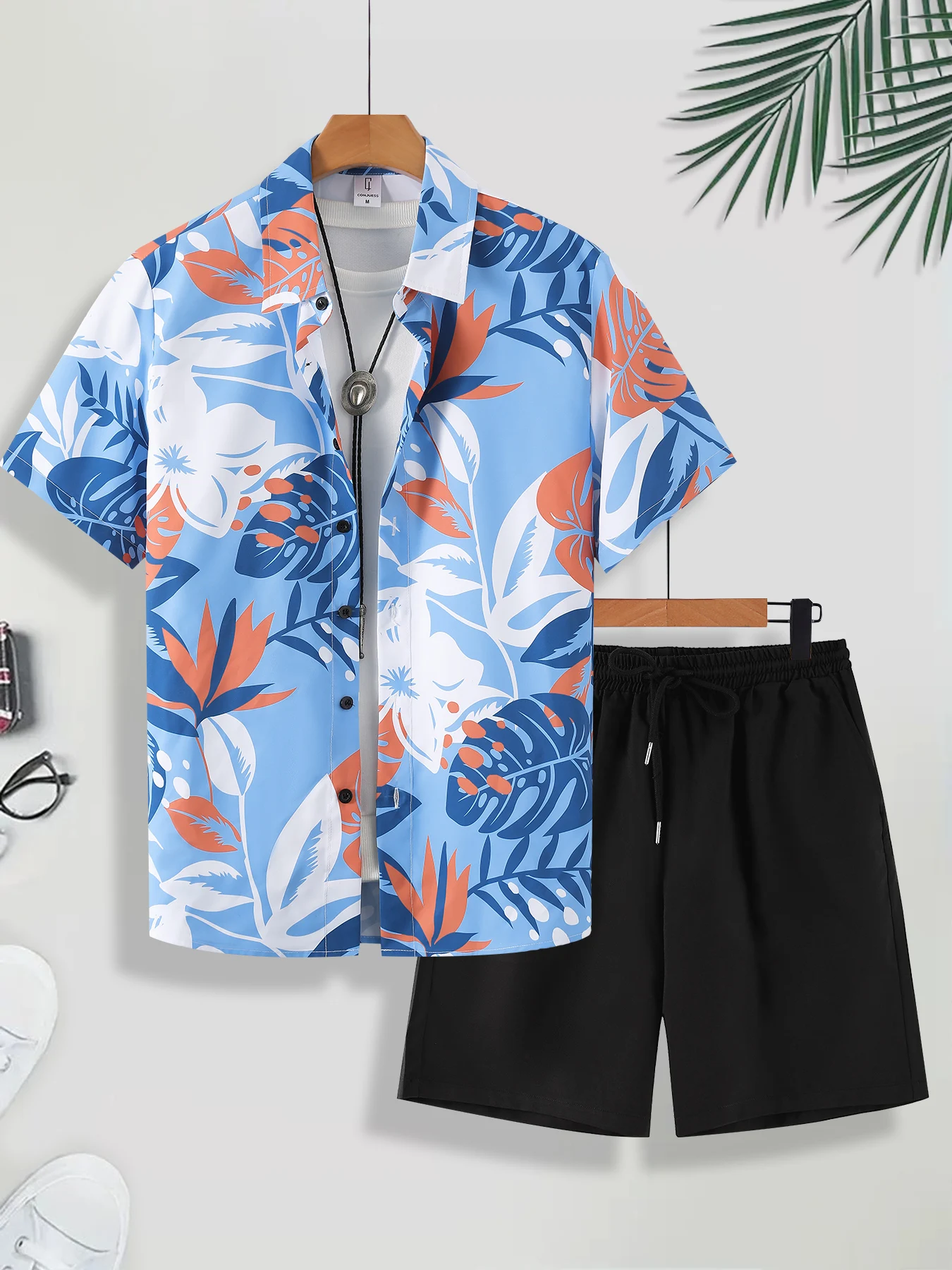 

Men's High Street Tropical Print Set, White Base Colorful Leaf Shirt & Black Shorts for Street Style