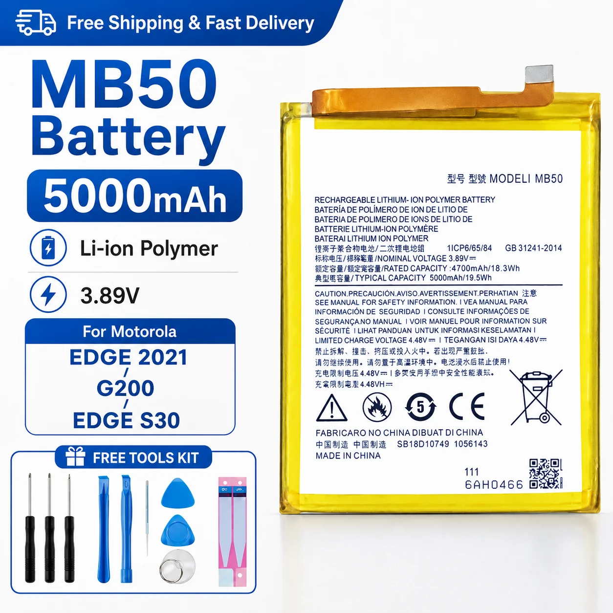 MB50 Li-ion Battery For Motorola Edge S30 2021 Moto G200 XT2175-2 Phone Repair Part + Free Installation Tools