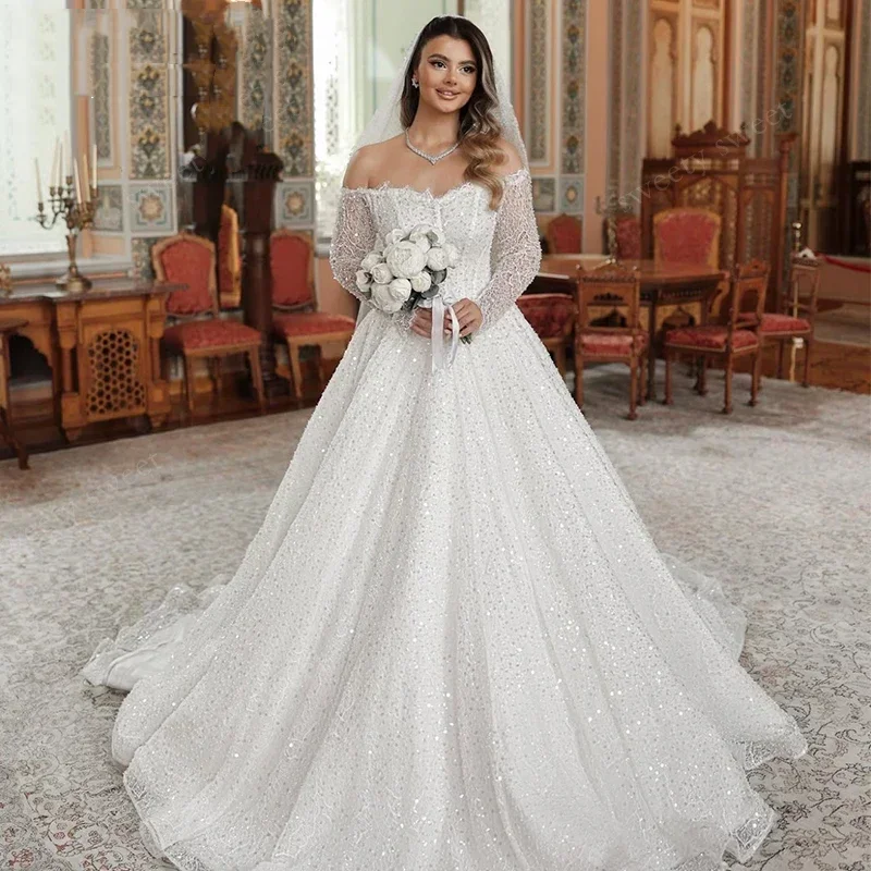 Luxury Beaded Sequins Princess Wedding Dresses Ball Gown Boat Neck Full Sleeve Bride Dresses Vestido De Novia Customized